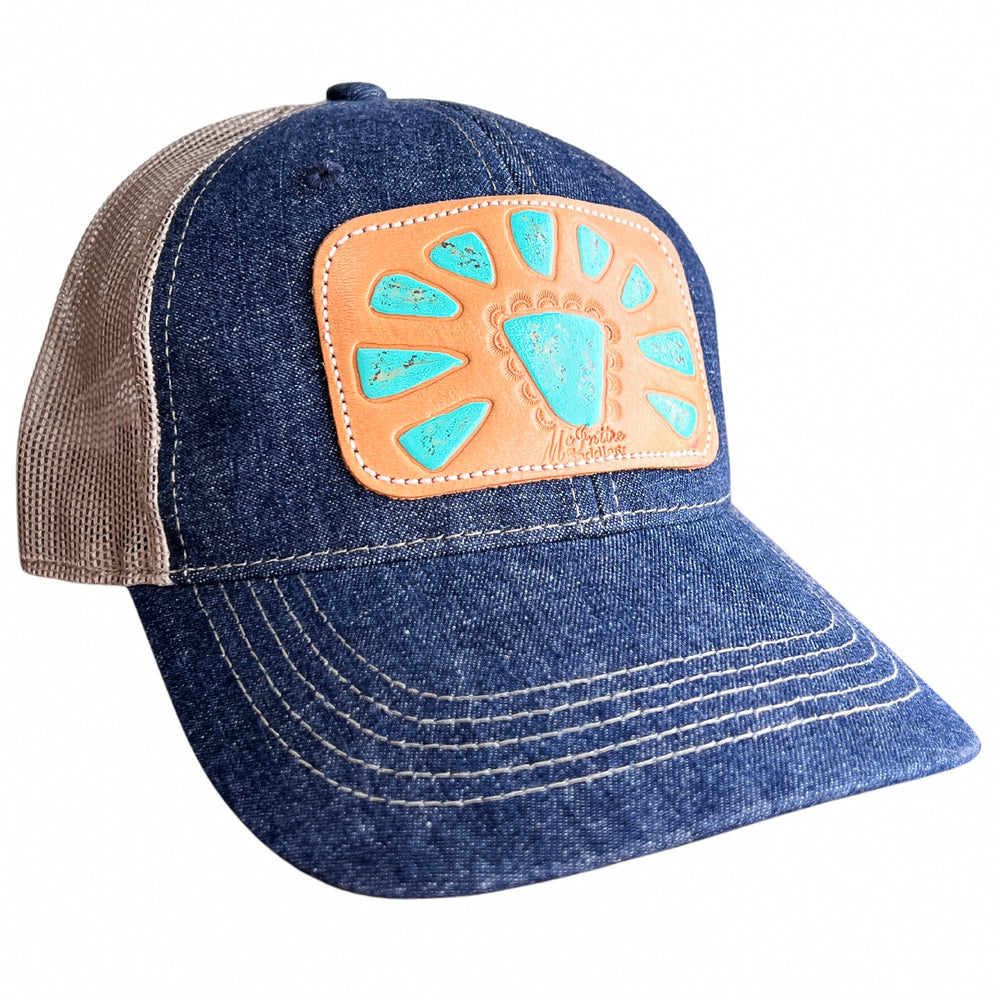 McIntire Saddlery Denim Cap with Turquoise Squash Blossom Leather Patch
