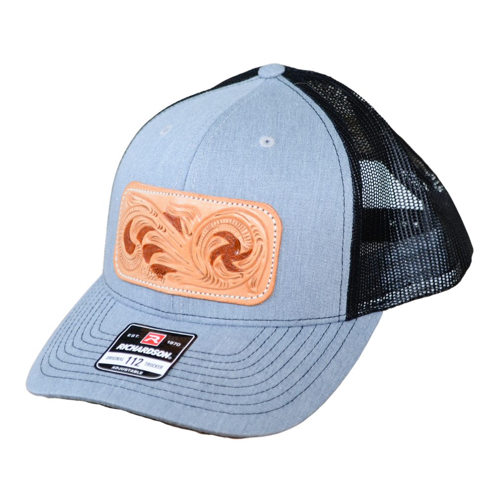 McIntire Saddlery Heather Grey and Black Leather Tooled Patch Cap