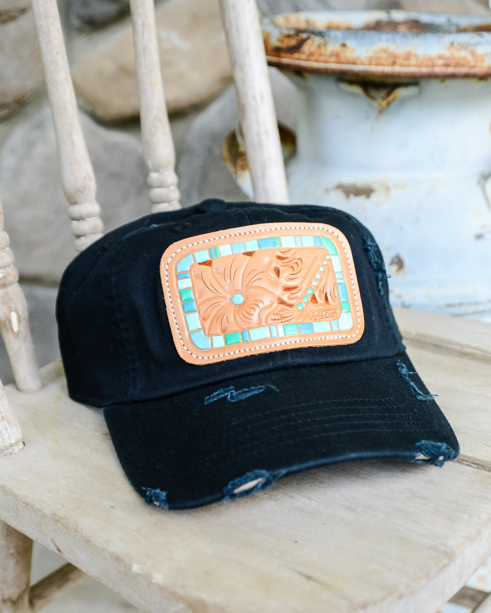 McIntire Saddlery Distress Cap with Turquoise Chunk Leather Patch